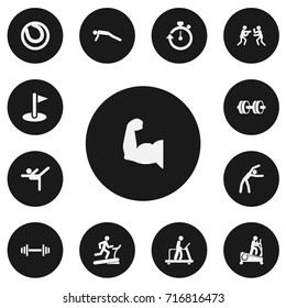 Set Of 13 Editable Healthy Icons. Includes Symbols Such As Stopwatch, Executing Running, Physical Education And More. Can Be Used For Web, Mobile, UI And Infographic Design.