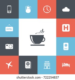 Set Of 13 Editable Holiday Icons. Includes Symbols Such As Bed, Cup, Welcome Board And More. Can Be Used For Web, Mobile, UI And Infographic Design.