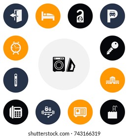 Set Of 13 Editable Hotel Icons. Includes Symbols Such As Laundromat, Townhouse, Alarm And More. Can Be Used For Web, Mobile, UI And Infographic Design.