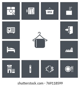 Set Of 13 Editable Hotel Icons. Includes Symbols Such As Mattress, Pool, Building And More. Can Be Used For Web, Mobile, UI And Infographic Design.