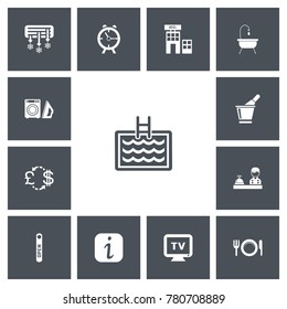 Set of 13 editable hotel icons. Includes symbols such as bathtub, restaurant, clock and more. Can be used for web, mobile, UI and infographic design.