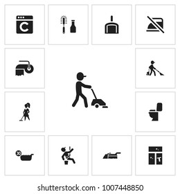 Set of 13 editable hygiene icons. Includes symbols such as dustpan, chemical cleaning, window cleaner and more. Can be used for web, mobile, UI and infographic design.