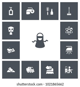 Set of 13 editable hygiene icons. Includes symbols such as liquid soap, wiping, professional sweeping and more. Can be used for web, mobile, UI and infographic design.