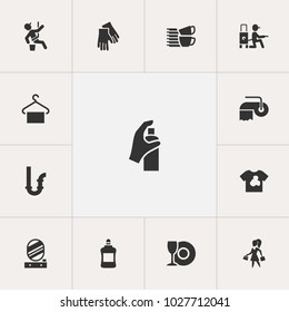 Set of 13 editable hygiene icons. Includes symbols such as detergent spraying, hygienic towel, suspender and more. Can be used for web, mobile, UI and infographic design.