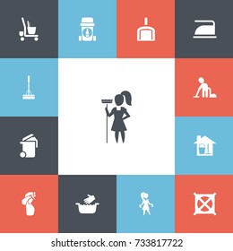 Set Of 13 Editable Hygiene Icons. Includes Symbols Such As Mopping, Ironing, Working At Home And More. Can Be Used For Web, Mobile, UI And Infographic Design.