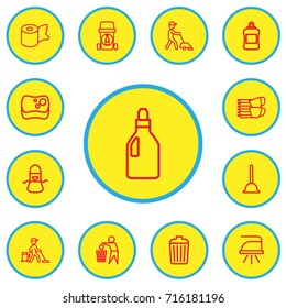 Set Of 13 Editable Hygiene Outline Icons. Includes Symbols Such As Hygienic Roll, Garbage Bin, Pressboard And More. Can Be Used For Web, Mobile, UI And Infographic Design.