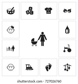 Set Of 13 Editable Infant Icons. Includes Symbols Such As Alphabet Cubes, Bike, Railway And More. Can Be Used For Web, Mobile, UI And Infographic Design.