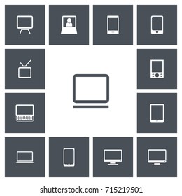 Set Of 13 Editable Instrument Icons. Includes Symbols Such As Screen, Tv, Clavier And More. Can Be Used For Web, Mobile, UI And Infographic Design.