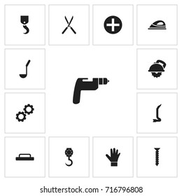Set Of 13 Editable Instrument Icons. Includes Symbols Such As Crane, Balance, Gauntlet And More. Can Be Used For Web, Mobile, UI And Infographic Design.