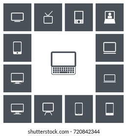 Set Of 13 Editable Instrument Icons. Includes Symbols Such As Telephone, Monitor, Television And More. Can Be Used For Web, Mobile, UI And Infographic Design.