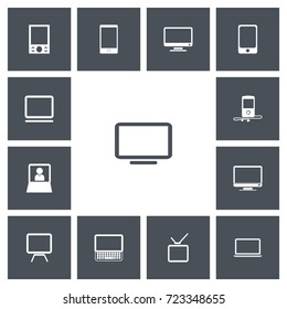 Set Of 13 Editable Instrument Icons. Includes Symbols Such As Screen, Music Phone, Television And More. Can Be Used For Web, Mobile, UI And Infographic Design.