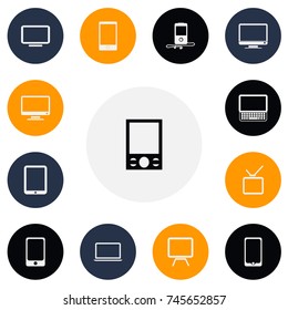 Set Of 13 Editable Instrument Icons. Includes Symbols Such As Telephone, Screen, Television And More. Can Be Used For Web, Mobile, UI And Infographic Design.