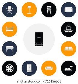Set Of 13 Editable Interior Icons. Includes Symbols Such As Divan, Tv, Lamp And More. Can Be Used For Web, Mobile, UI And Infographic Design.