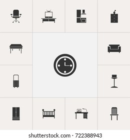 Set Of 13 Editable Interior Icons. Includes Symbols Such As Child Cot, Wall Mirror, Interior And More. Can Be Used For Web, Mobile, UI And Infographic Design.