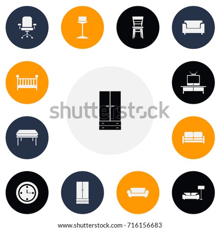 Set Of 13 Editable Interior Icons. Includes Symbols Such As Divan, Tv, Lamp And More. Can Be Used For Web, Mobile, UI And Infographic Design.