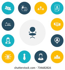 Set Of 13 Editable Job Icons. Includes Symbols Such As Staff, Location, Ergonomic Seat And More. Can Be Used For Web, Mobile, UI And Infographic Design.