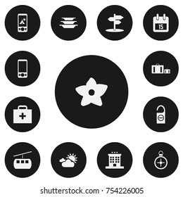 Set Of 13 Editable Journey Icons. Includes Symbols Such As Mobile Phone, Cloudy Day, Crossroad And More. Can Be Used For Web, Mobile, UI And Infographic Design.