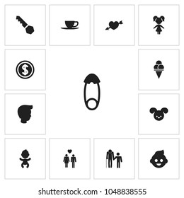 Set of 13 editable kin icons. Includes symbols such as newborn baby, cup, ice cream and more. Can be used for web, mobile, UI and infographic design.
