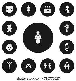 Set Of 13 Editable Kin Icons. Includes Symbols Such As Beloveds, Mother With Baby, Patisserie And More. Can Be Used For Web, Mobile, UI And Infographic Design.