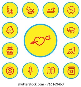 Set Of 13 Editable Kin Outline Icons. Includes Symbols Such As Pony, Locomotive, Greenback And More. Can Be Used For Web, Mobile, UI And Infographic Design.