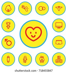 Set Of 13 Editable Kin Outline Icons. Includes Symbols Such As Boy, Fasten, Grandpa. Can Be Used For Web, Mobile, UI And Infographic Design.