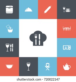 Set Of 13 Editable Kitchen Icons. Includes Symbols Such As Dish, Dining Table, Tableware And More. Can Be Used For Web, Mobile, UI And Infographic Design.