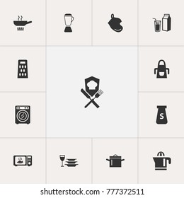 Set of 13 editable kitchen icons. Includes symbols such as heater, cooking pan, cooking pot and more. Can be used for web, mobile, UI and infographic design.