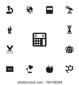 Set Of 13 Editable Knowledge Icons. Includes Symbols Such As Telescope, Hourglass, Calculate And More. Can Be Used For Web, Mobile, UI And Infographic Design.