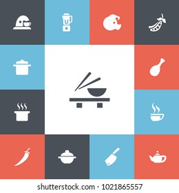 Set of 13 editable meal icons. Includes symbols such as red pepper, noodles bowl, pork and more. Can be used for web, mobile, UI and infographic design.