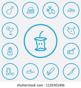 Set of 13 editable meal icons line style. Includes symbols such as veal, device, chicken and more. Can be used for web, mobile, UI and infographic design.