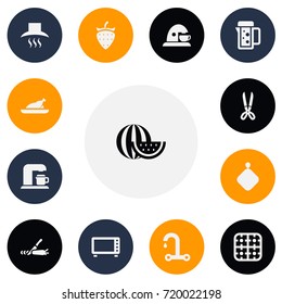 Set Of 13 Editable Meal Icons. Includes Symbols Such As Melon Slice, Faucet, Pot-Holder And More. Can Be Used For Web, Mobile, UI And Infographic Design.