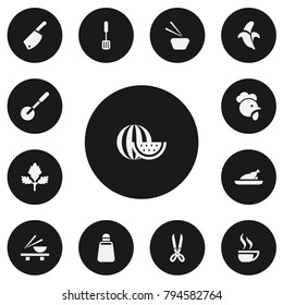 Set of 13 editable meal icons. Includes symbols such as hen, watermelon, grill and more. Can be used for web, mobile, UI and infographic design.