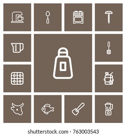 Set Of 13 Editable Meal Outline Icons. Includes Symbols Such As Tablespoon, Percolator, Stove And More. Can Be Used For Web, Mobile, UI And Infographic Design.