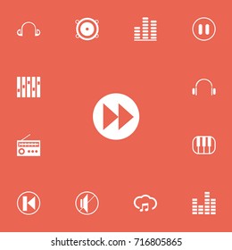 Set Of 13 Editable Media Icons. Includes Symbols Such As Previous, Frequency, Bass Speakers And More. Can Be Used For Web, Mobile, UI And Infographic Design.
