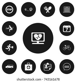 Set Of 13 Editable Mixed Icons. Includes Symbols Such As Auto, Cutlery, Chatting And More. Can Be Used For Web, Mobile, UI And Infographic Design.