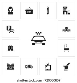 Set Of 13 Editable Motel Icons. Includes Symbols Such As Female, Transport Car, Tv And More. Can Be Used For Web, Mobile, UI And Infographic Design.