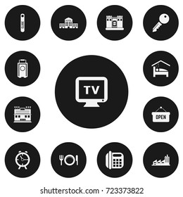 Set Of 13 Editable Motel Icons. Includes Symbols Such As Unblock Access, Building, Bedroom And More. Can Be Used For Web, Mobile, UI And Infographic Design.
