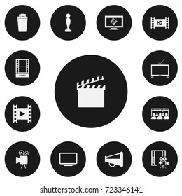 Set Of 13 Editable Movie Icons. Includes Symbols Such As Audience, Camera Strip, Hd Tape And More. Can Be Used For Web, Mobile, UI And Infographic Design.