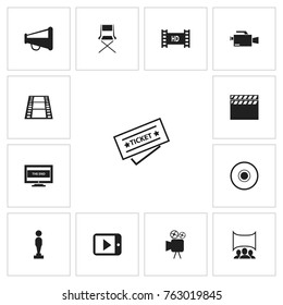 Set Of 13 Editable Movie Icons. Includes Symbols Such As Chair, The End, Camera Strip And More. Can Be Used For Web, Mobile, UI And Infographic Design.