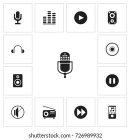 Set Of 13 Editable Multimedia Icons. Includes Symbols Such As Mike, Audio Bass, Media Fm And More. Can Be Used For Web, Mobile, UI And Infographic Design.