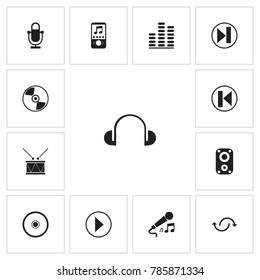 Set of 13 editable multimedia icons. Includes symbols such as mp3 player, mike, volume controlling and more. Can be used for web, mobile, UI and infographic design.
