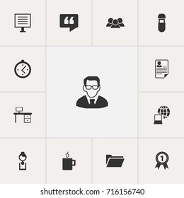 Set Of 13 Editable Office Icons. Includes Symbols Such As Document, Badge, Businesswoman And More. Can Be Used For Web, Mobile, UI And Infographic Design.