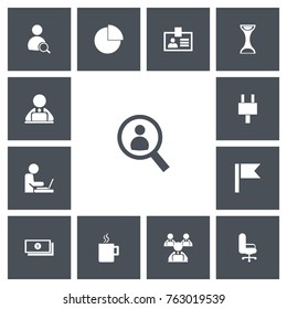 Set Of 13 Editable Office Icons. Includes Symbols Such As Pennant, Magnifier, Authentication And More. Can Be Used For Web, Mobile, UI And Infographic Design.