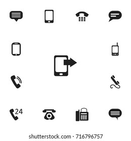 Set Of 13 Editable Phone Icons. Includes Symbols Such As Office Telephone, 24 Hour Servicing, Radio Talkie And More. Can Be Used For Web, Mobile, UI And Infographic Design.