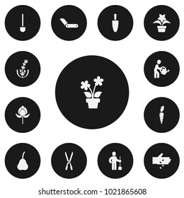 Set of 13 editable planting icons. Includes symbols such as pear, man with shovel, irrigation bucket and more. Can be used for web, mobile, UI and infographic design.