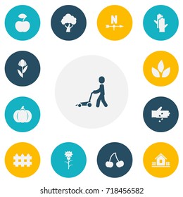 Set Of 13 Editable Planting Icons. Includes Symbols Such As Wooden Barrier, Tree, Fresh Fruit And More. Can Be Used For Web, Mobile, UI And Infographic Design.