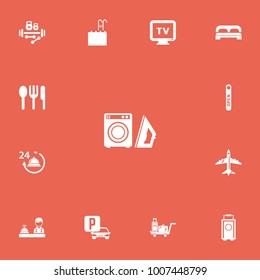 Set of 13 editable plaza icons. Includes symbols such as luggage, parking, basin and more. Can be used for web, mobile, UI and infographic design.