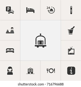 Set Of 13 Editable Plaza Icons. Includes Symbols Such As Reception, Female, Information Sign And More. Can Be Used For Web, Mobile, UI And Infographic Design.