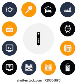 Set Of 13 Editable Plaza Icons. Includes Symbols Such As Door Closed, Building, Fortress And More. Can Be Used For Web, Mobile, UI And Infographic Design.