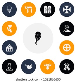 Set of 13 editable religion icons. Includes symbols such as friar, save love, temple and more. Can be used for web, mobile, UI and infographic design.